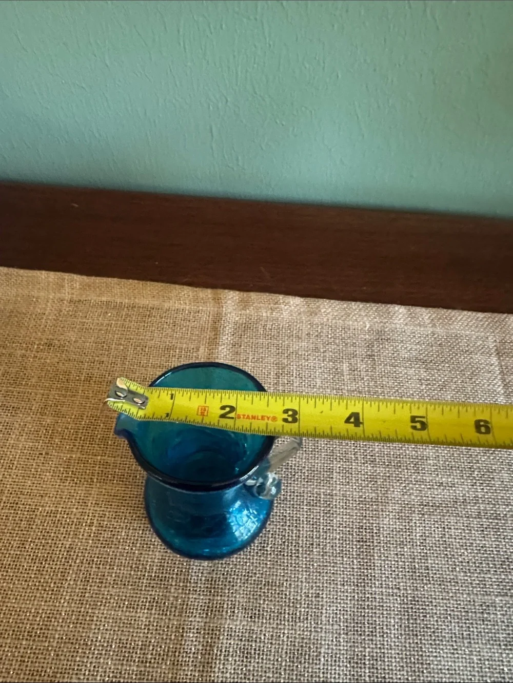 Hand Blown Blue Crackle Glass Pitcher Vase Clear Applied Handle 4”